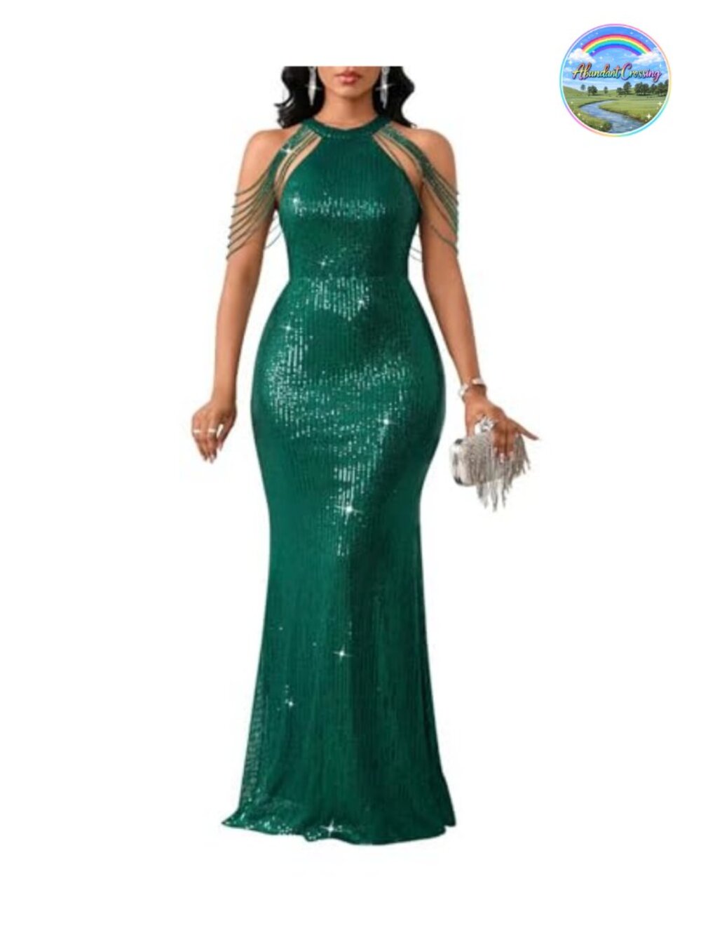 Sequin Halter Tassel Mermaid Formal Maxi Dress Evening Gown